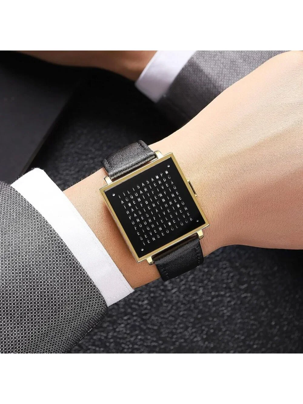 Men's Black Gold Analog Leather Multifunctional Waterproof Square Wrist Watch